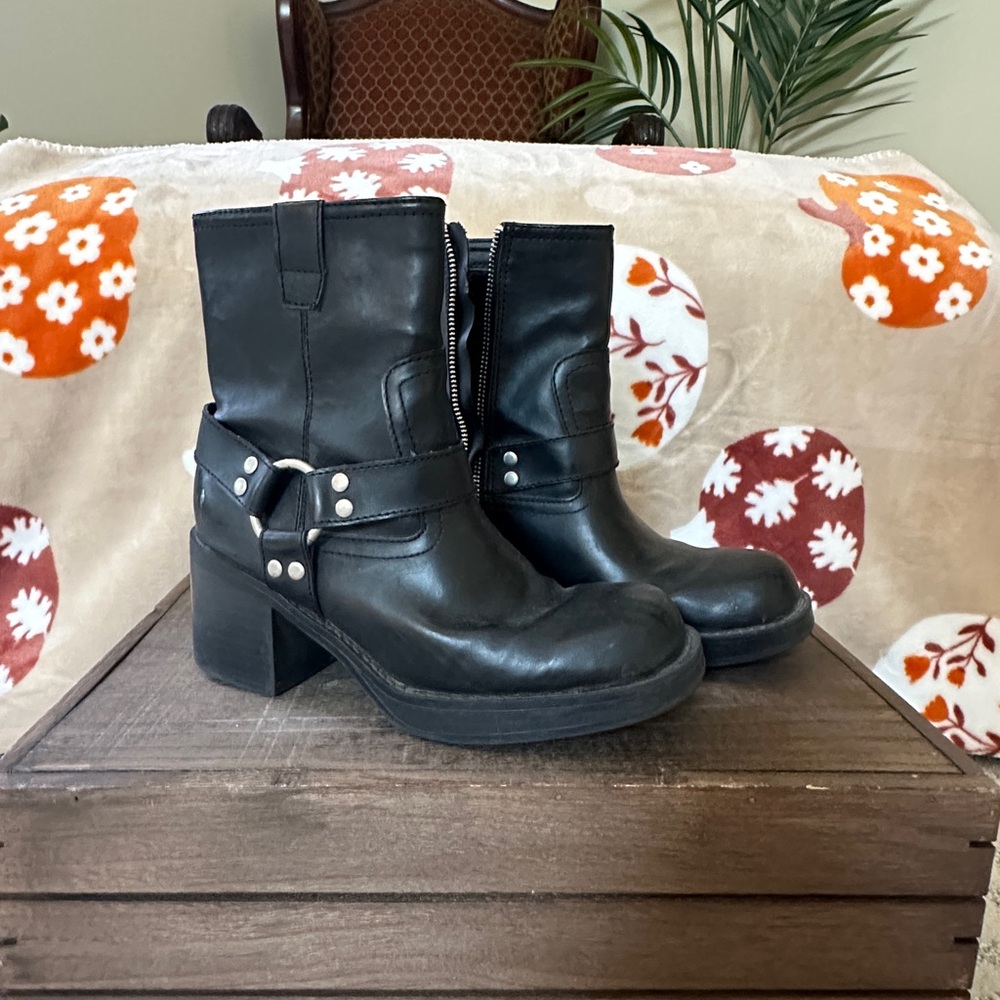 Black Leather Ankle Boots with Buckle Detail